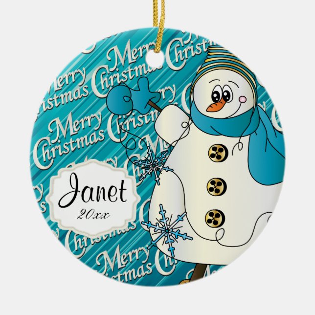 Ornement En Céramique Joyeux bonhomme de neige bleu Noël (Devant)