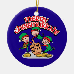 Ornement En Céramique Joyeux Chrismukah avec Elves et Rêves