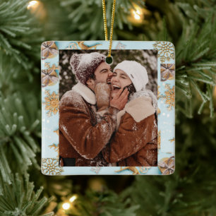 Ornement En Céramique Joyeux Couple PERSONNALISÉ Baby Blue Gold Noël