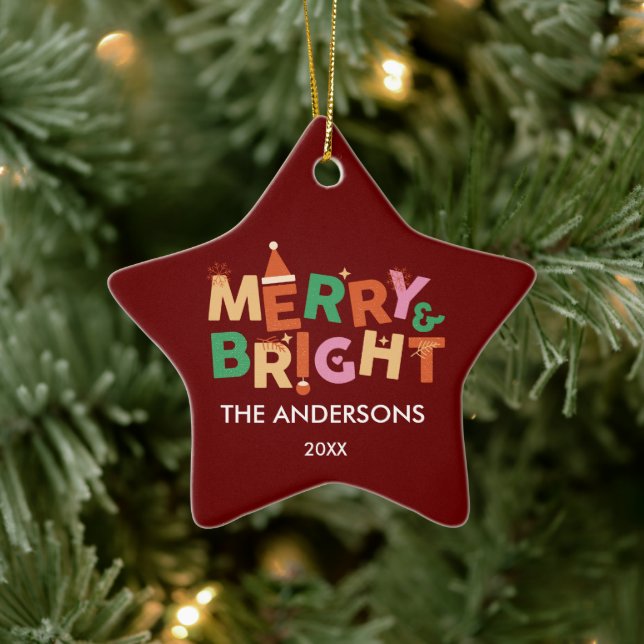Ornement En Céramique Joyeux et étoile brillante personnalisés Noël (Arbre)