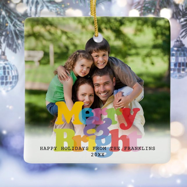 Ornement En Céramique Joyeux Et Lumineux Noël Photo (Merry And Bright Photo Christmas Holiday Ceramic Ornament)