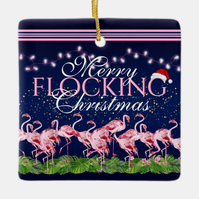 Ornement En Céramique Joyeux Flamant rose de Noël personnalisé (Devant)