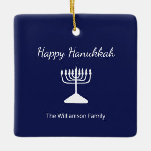 Ornement En Céramique Joyeux Hanoukka Menorah Simple Bleu Blanc