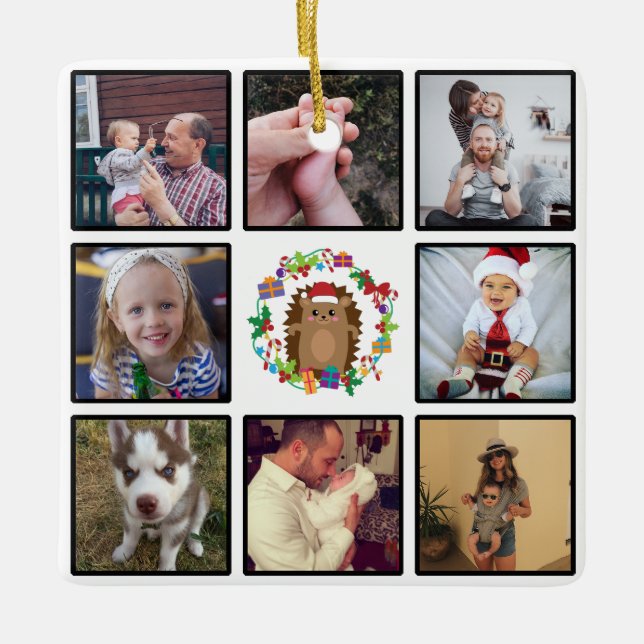 Ornement En Céramique Joyeux Hérisson de Noël Wreath Collage personnalis (Devant)