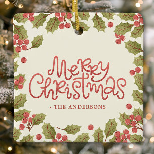 Ornement En Céramique Joyeux Noël Aquarelle Feuilles de Houx