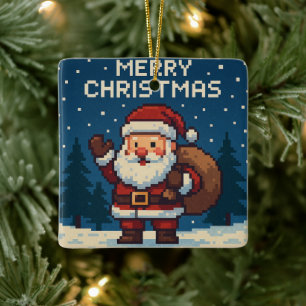 Ornement En Céramique Joyeux Noël avec un mignon art pixel