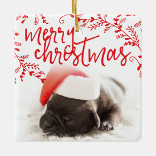 Ornement En Céramique Joyeux Noël Branches rouges Custom Pet Photo