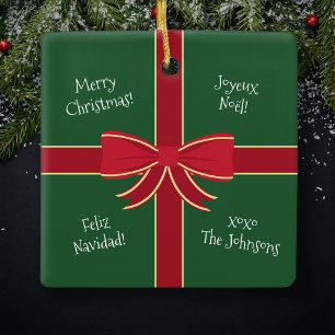 Ornement En Céramique Joyeux Noël en plusieurs langues rouge et vert