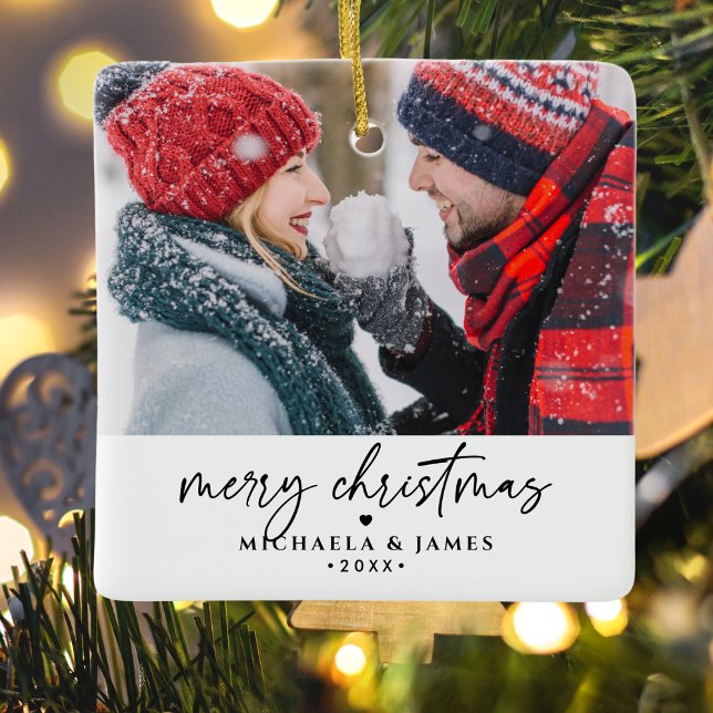 Ornement En Céramique Joyeux Noël Famille/Noms de couple 2-Photo (Créateur téléchargé)