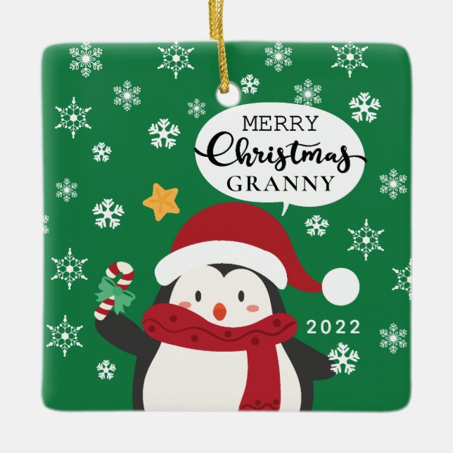 Ornement En Céramique Joyeux Noël Granny Penguin (Devant)