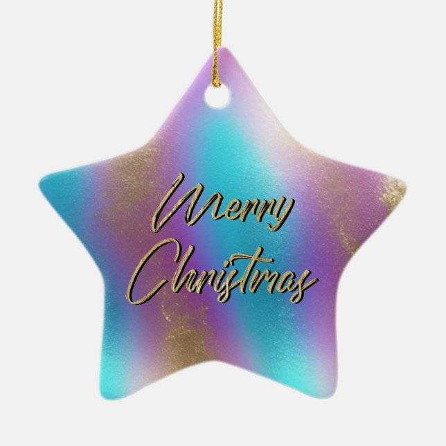 Ornement En Céramique Joyeux Noël Iridescente Rainbow Glam (Devant)