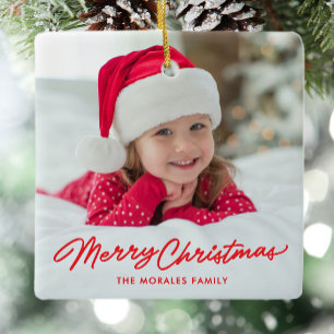 Ornement En Céramique Joyeux Noël mignon simple rouge une photo vacances