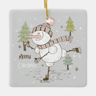 Ornement En Céramique Joyeux Noël Patinage sur glace Snowman