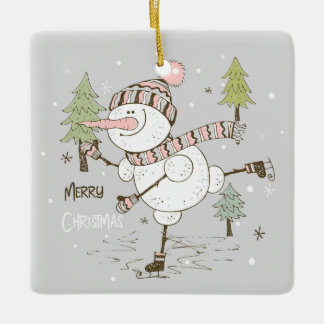 Ornement En Céramique Joyeux Noël Patinage sur glace Snowman