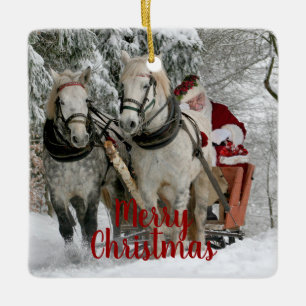 Ornement En Céramique Joyeux Noël Père Noël et chevaux