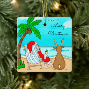 Ornement En Céramique Joyeux Noël Père Noël sur la plage avec Reindeer