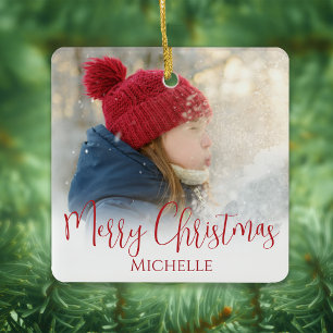 Ornement En Céramique Joyeux Noël Photo Calligraphie Rouge Vert Plaid