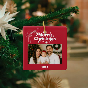 Ornement En Céramique Joyeux Noël rouge photo arc dessiné main rétro