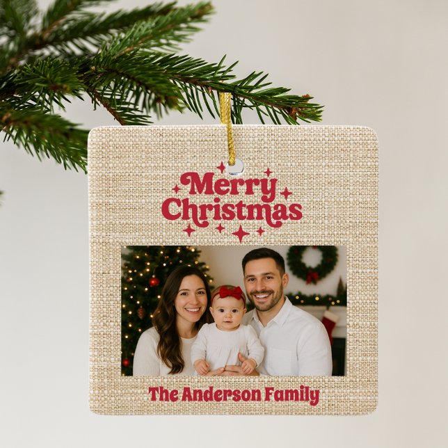 Ornement En Céramique Joyeux Noël rouge photo burlap beige (Créateur téléchargé)