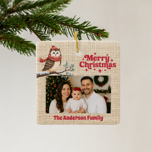Ornement En Céramique Joyeux Noël rouge photo burlap beige hibou