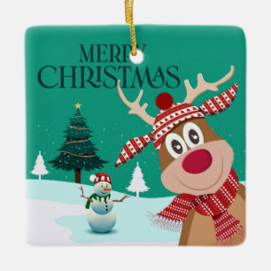 Ornement En Céramique Joyeux Noël Rudolph et Snowman