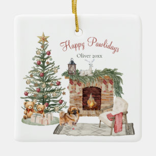 Ornement En Céramique Joyeux Pawlidays Design de Chien - Pékinois