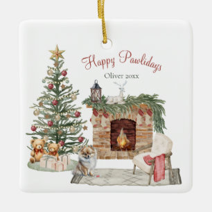 Ornement En Céramique Joyeux Pawlidays Design de Chien - Pomeranian