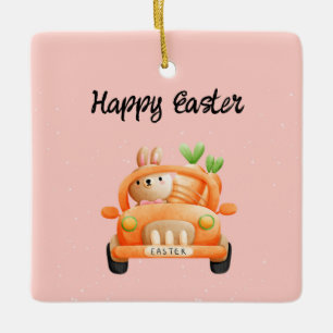 Ornement En Céramique Joyeux pilote de Pâques lapin rose