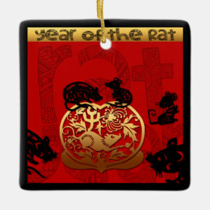 Ornement En Céramique Joyeux Rat Chinois Année Zodiac Anniversaire Carré