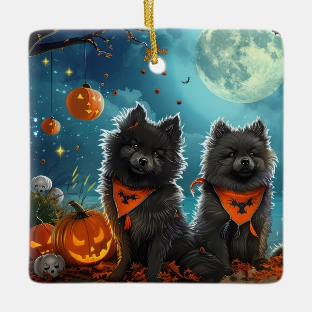 Ornement En Céramique Keeshond Halloween Éffrayant (Devant)