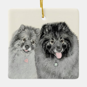 Ornement En Céramique Keeshond Maman et Son Peinture - Art Chien origina