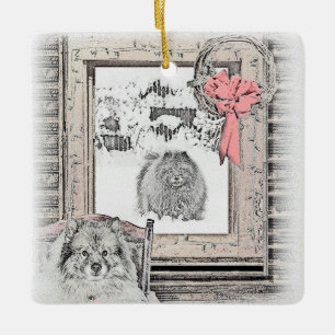 Ornement En Céramique Keeshond Noël hiver fenêtre Peinture Chien Art