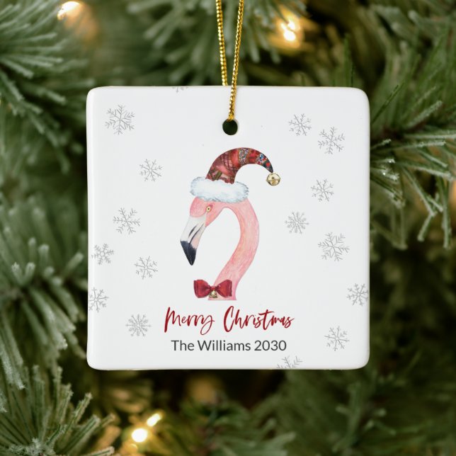 Ornement En Céramique Kitsch Flamant rose Plaid Santa Hat Noël (Arbre)