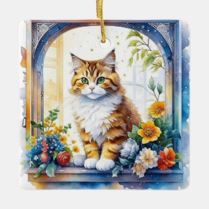 Ornement En Céramique Kitty Chat dans la fenêtre de fleurs Personnalisé