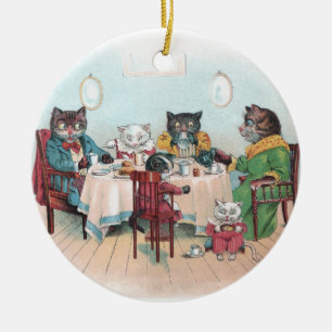 Ornement En Céramique La famille de chat s'assied pour déjeuner