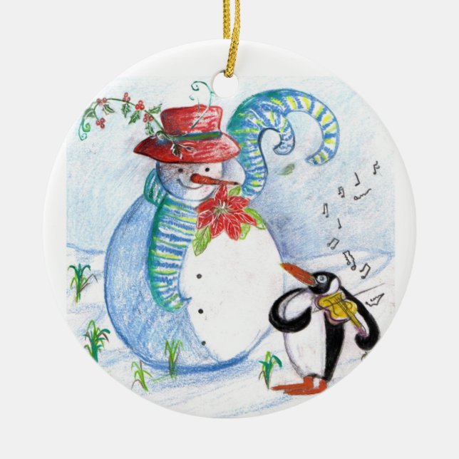 ORNEMENT EN CÉRAMIQUE LA SÉRÉNADE HIVERNALE DE SNOWMAN ET PENGUIN (Devant)