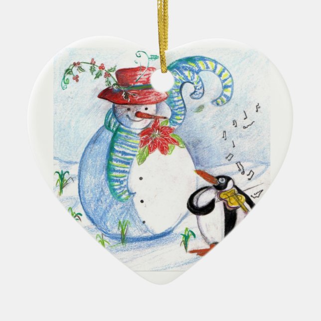 ORNEMENT EN CÉRAMIQUE LA SÉRÉNADE HIVERNALE DE SNOWMAN ET PENGUIN (Devant)