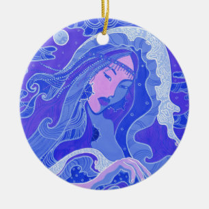 Ornement En Céramique La vague, Sirène, Fille asiatique, bleu & rose