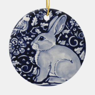 Ornement En Céramique Lapin bleu et blanc avec motif de carreaux d'oisea