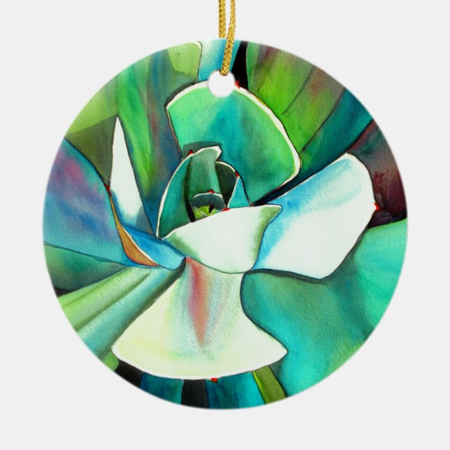 Ornement En Céramique L'aquarelle du désert bleu et vert Succulent (Devant)
