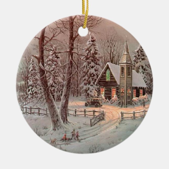 Ornement En Céramique L'église de Noël d'hiver (Devant)