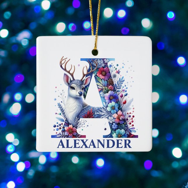 Ornement En Céramique Lettre renne de Noël Un Monogramme Nom personnalis (Créateur téléchargé)