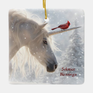 Ornement En Céramique Licorne de Yule au solstice d'hiver enneigé