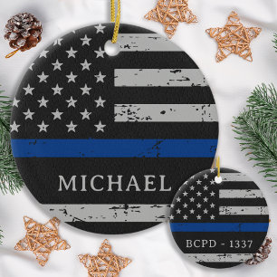 Ornement En Céramique Ligne Bleue Mince - Officier de Police - Drapeau A