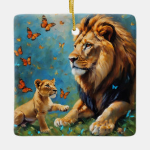 Ornement En Céramique Lion Et Cub