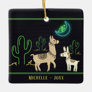 Ornement En Céramique Llamas personnalisées, Lune néon et Cactus Noël
