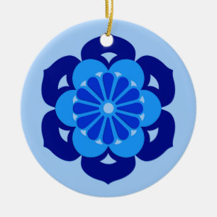 Ornement En Céramique Lotus Flower Mandala, Indigo et bleu clair