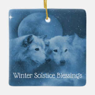Ornement En Céramique Loups du solstice d'hiver dans la neige avec la bé