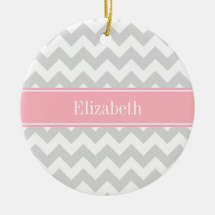 Ornement En Céramique Lt Grey White Chevron Zigzag Pink Nom Monogramme