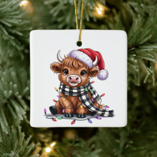 Ornement En Céramique Lumières de Noël Vache Highland Santa Hat